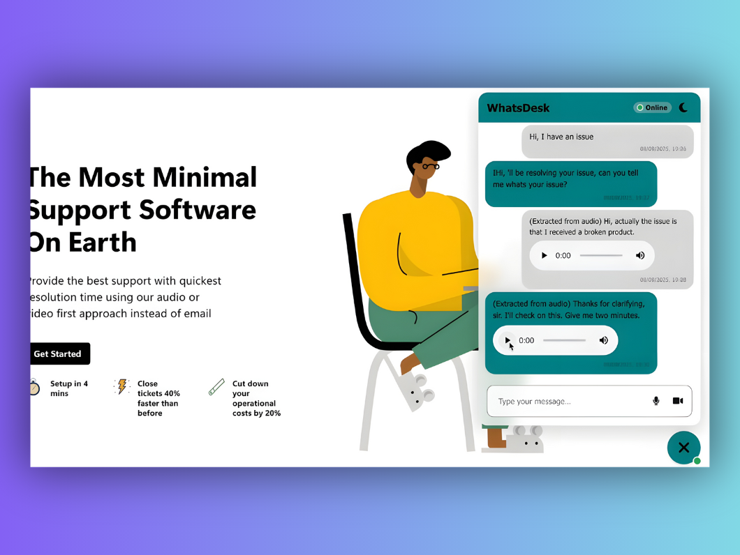 WhatsDesk chat interface with real-time audio transcription and AI analysis
