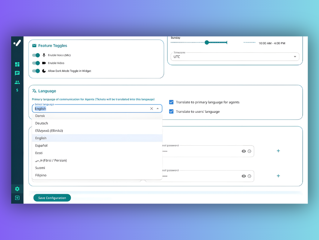 WhatsDesk language settings panel supporting multiple international languages