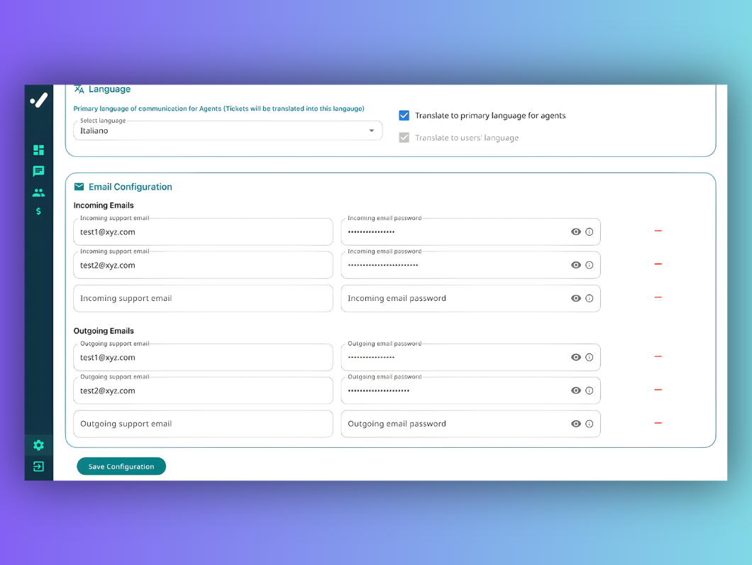 WhatsDesk email configuration interface showing incoming and outgoing email settings with language translation options
