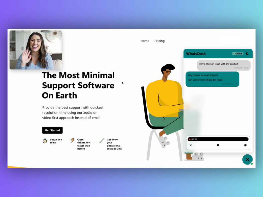 WhatsDesk video chat interface with screen sharing and multimedia support
